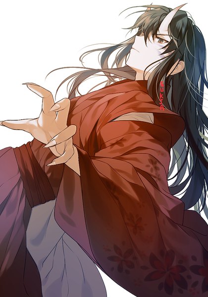Anime picture 700x1000 with inuyasha inuyasha (character) sorolp single long hair tall image fringe black hair simple background hair between eyes white background brown eyes signed looking away traditional clothes japanese clothes horn (horns) fingernails outstretched arm facial mark