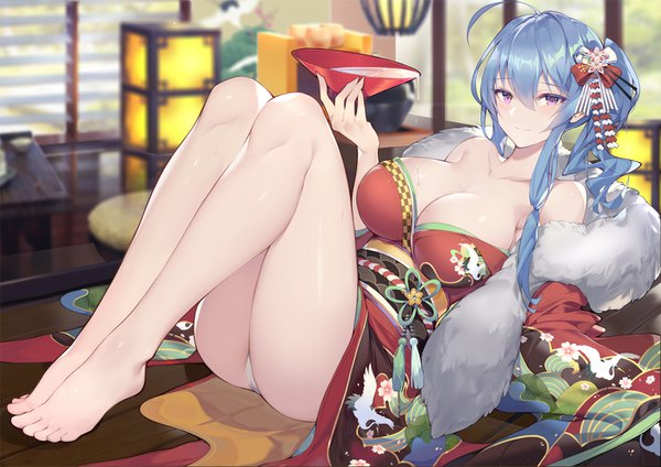 Anime picture 1414x1000 with azur lane st. louis (azur lane) st. louis (tipsy snow) (azur lane) calder single long hair looking at viewer blush fringe breasts light erotic smile hair between eyes large breasts purple eyes bare shoulders holding payot blue hair cleavage