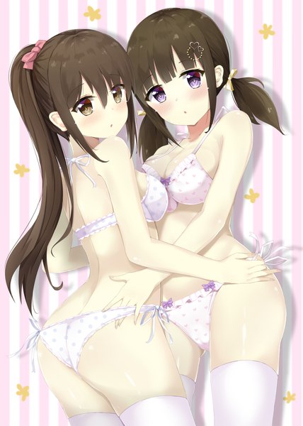 Anime picture 1275x1789 with original arupisu (shintea) long hair tall image blush fringe breasts light erotic hair between eyes brown hair large breasts standing twintails purple eyes bare shoulders multiple girls holding brown eyes payot ass