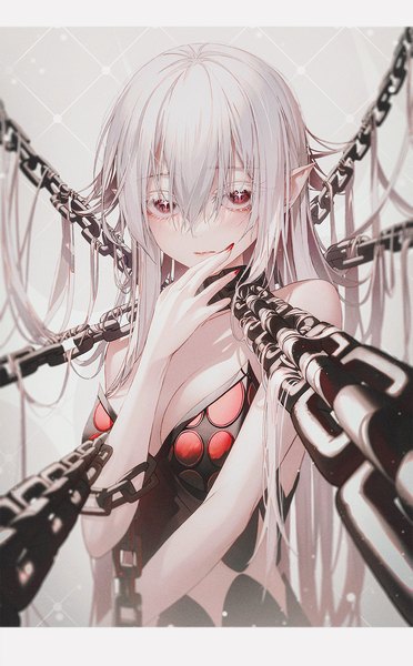Anime picture 931x1500 with original andi 1021 single long hair tall image looking at viewer fringe breasts hair between eyes red eyes bare shoulders upper body white hair nail polish fingernails pointy ears symbol-shaped pupils letterboxed red nail polish + +