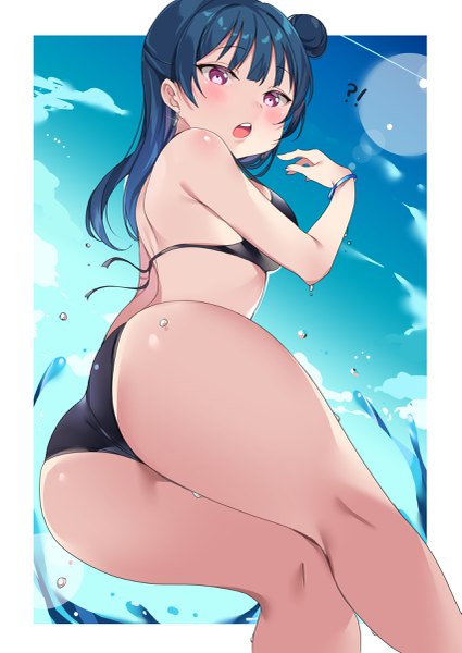 Anime picture 1701x2400 with love live! sunshine!! sunrise (studio) love live! tsushima yoshiko tem10 single long hair tall image looking at viewer blush fringe highres breasts open mouth light erotic standing blue hair sky cloud (clouds) ass