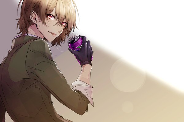 Anime picture 1500x1000 with persona 5 persona fanta akechi gorou yuu (isis7796) single looking at viewer fringe short hair simple background hair between eyes red eyes brown hair holding upper body shadow turning head boy gloves black gloves