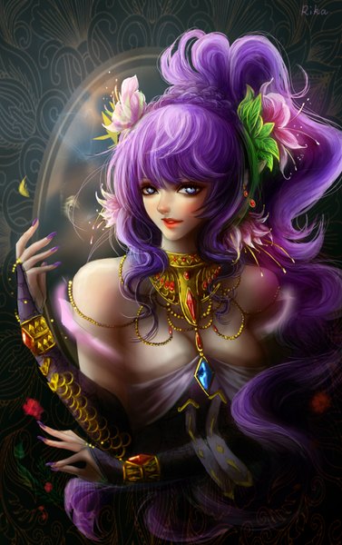 Anime picture 2200x3500 with original rikamello single long hair tall image highres blue eyes smile bare shoulders purple hair ponytail nail polish hair flower lips pointy ears realistic lipstick girl hair ornament earrings