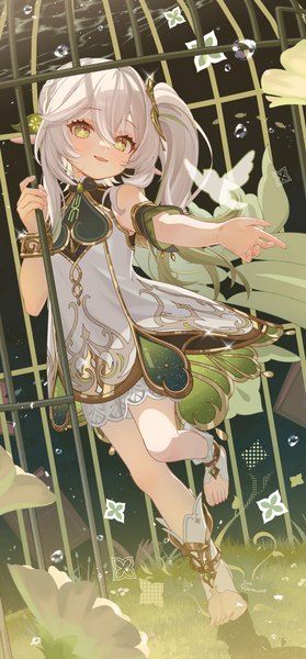 Anime picture 1789x3842 with genshin impact nahida (genshin impact) camunekoz single long hair tall image looking at viewer fringe highres hair between eyes green eyes full body white hair loli side ponytail outstretched hand girl dress cage