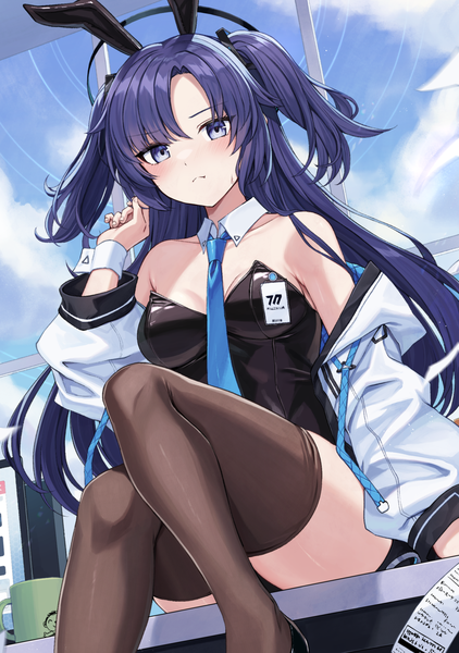Anime picture 1411x2006 with blue archive yuuka (blue archive) kurousagi yuu single long hair tall image looking at viewer blush fringe breasts blue eyes light erotic sitting bare shoulders animal ears blue hair sky cloud (clouds) off shoulder open jacket