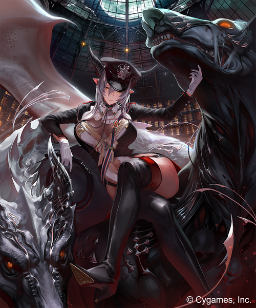 Anime picture 1000x1200 with shingeki no bahamut tsunekun single long hair tall image looking at viewer breasts light erotic brown eyes silver hair horn (horns) pointy ears crossed legs fantasy girl gloves boots white gloves thigh boots peaked cap