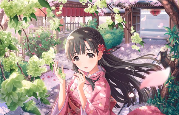 Anime-Bild 2560x1648 mit idolmaster idolmaster cinderella girls kobayakawa sae single long hair fringe highres black hair brown eyes blunt bangs traditional clothes japanese clothes wind official art arcadia of dancing flowers girl flower (flowers) plant (plants) tree (trees) kimono