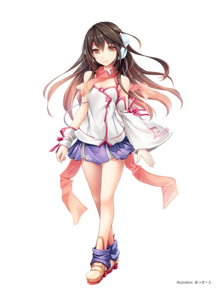 Anime picture 1000x1333 with vocaloid kokone (vocaloid) akkijin single long hair tall image looking at viewer fringe simple background smile brown hair white background bare shoulders brown eyes signed multicolored hair two-tone hair girl ribbon (ribbons) detached sleeves