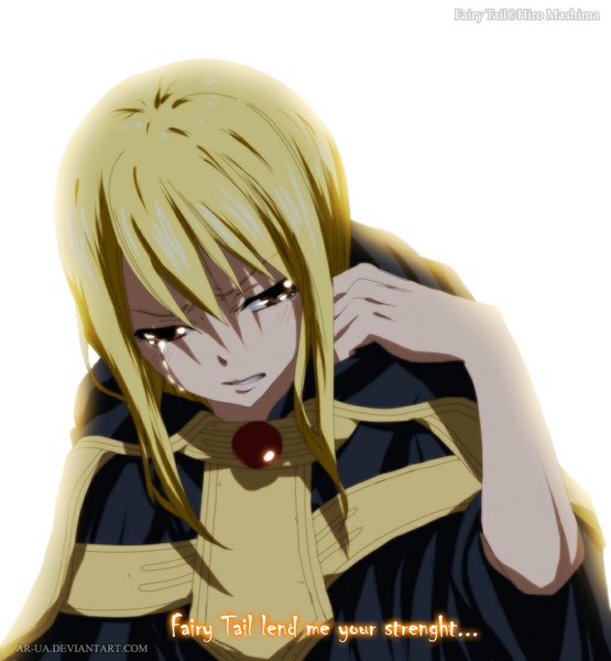 Anime picture 1017x1100 with fairy tail lucy heartfilia ar-ua single long hair tall image blush blonde hair white background brown eyes inscription tears coloring crying girl cloak