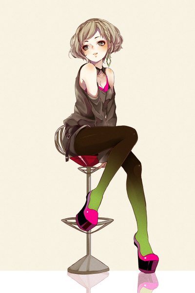 Anime picture 1000x1500 with original nou single tall image blush short hair simple background brown hair sitting bare shoulders brown eyes looking away girl earrings pantyhose chair