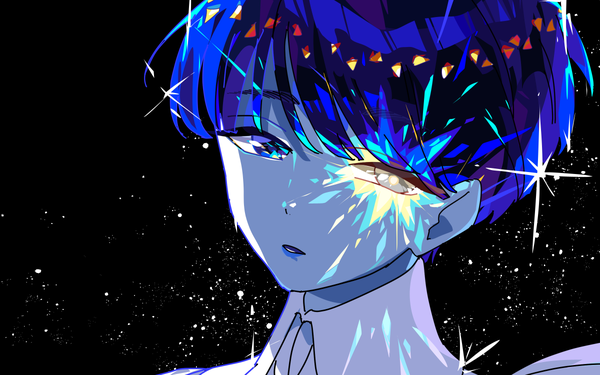 Anime picture 1200x750 with houseki no kuni phosphophyllite phosphophyllite (ll) hanasaki coa single looking at viewer short hair simple background blue hair sparkle lipstick heterochromia glowing black background face glowing eye (eyes) androgynous spoilers