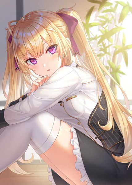 Anime picture 2976x4175 with virtual youtuber nijisanji takamiya rion gohei (aoi yuugure) single long hair tall image looking at viewer blush fringe highres blonde hair smile hair between eyes sitting twintails ahoge indoors long sleeves parted lips