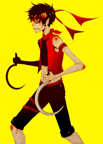 Anime picture 1176x1651 with homestuck karkat vantas spazmaggot single tall image short hair black hair simple background red eyes profile horn (horns) pointy ears yellow background navel weapon hairband blood vest neckerchief wristlet