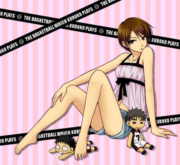 Anime picture 1110x1024 with kuroko no basket production i.g aida riko rinko (1coin) single short hair brown hair brown eyes barefoot arm support legs striped striped background girl hair ornament shorts bobby pin doll (dolls)