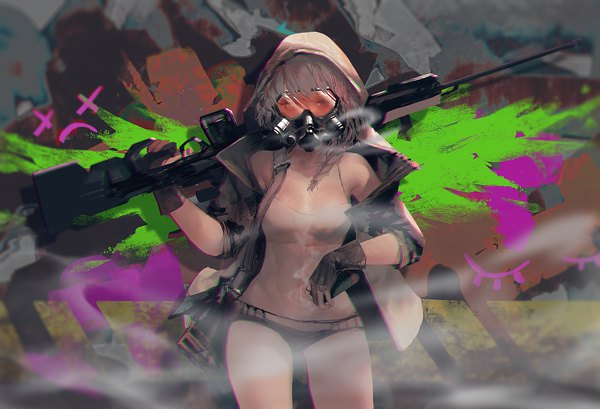 Anime picture 1920x1311 with original rsef single long hair looking at viewer fringe highres breasts standing bare shoulders holding braid (braids) grey hair mole open jacket bare belly grey eyes single braid smoke against wall