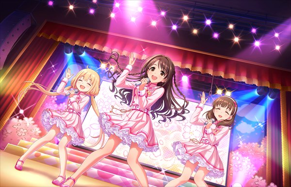 Anime picture 1280x824 with idolmaster idolmaster cinderella girls shimamura uzuki sakuma mayu kohinata miho long hair looking at viewer blush open mouth blonde hair brown hair twintails multiple girls holding brown eyes ahoge braid (braids) eyes closed long sleeves arm up