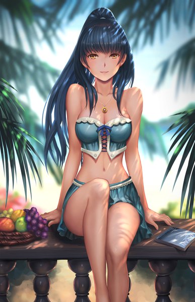 Anime picture 1292x2000 with original youbou single long hair tall image looking at viewer fringe light erotic sitting bare shoulders yellow eyes payot blue hair cleavage outdoors ponytail pleated skirt sunlight arm support bare belly