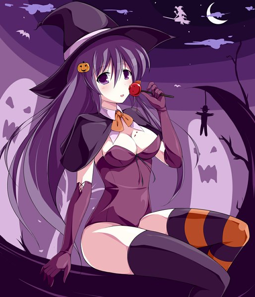 Anime picture 1000x1167 with sola shihou matsuri maullarmaullar single long hair tall image blush light erotic purple eyes purple hair halloween different thighhighs girl thighhighs black thighhighs witch hat striped thighhighs