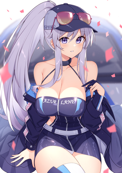Anime picture 1414x2000 with azur lane enterprise (azur lane) enterprise (wind catcher) (azur lane) t@ke-g single long hair tall image looking at viewer blush fringe breasts light erotic smile hair between eyes sitting purple eyes bare shoulders payot cleavage silver hair