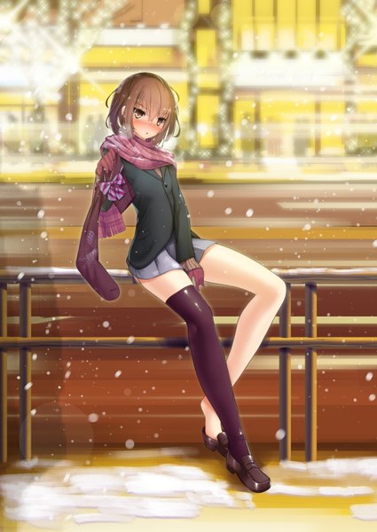 Anime picture 2508x3541 with original dobunezumi single tall image looking at viewer blush highres short hair open mouth brown hair brown eyes bent knee (knees) snowing snow between legs girl thighhighs skirt gloves uniform