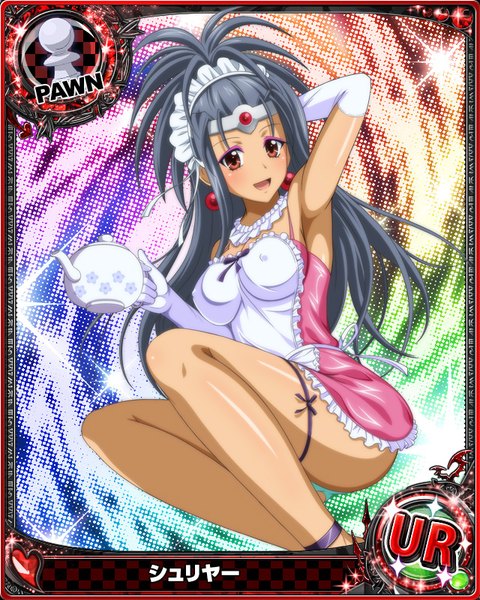 Anime picture 640x800 with highschool dxd single long hair tall image looking at viewer blush open mouth light erotic red eyes grey hair maid pantyshot card (medium) girl gloves uniform underwear panties elbow gloves frills