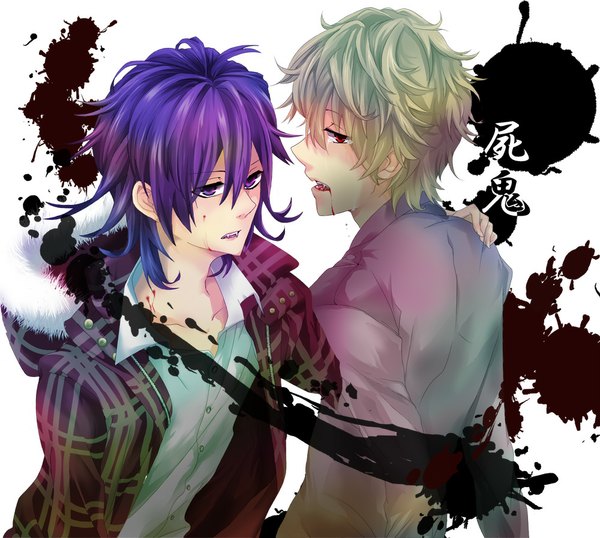 Anime picture 1000x898 with shiki yuuki natsuno mutou tohru short hair open mouth blonde hair simple background red eyes purple eyes purple hair multiple boys teeth fang (fangs) hieroglyph boy fur blood 2 boys