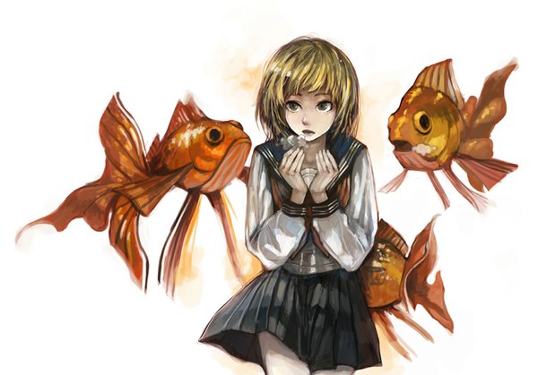Anime picture 1100x769 with original canking short hair open mouth blonde hair simple background white background pleated skirt girl skirt uniform serafuku fish (fishes)