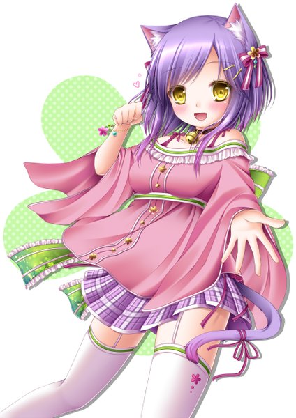 Anime picture 900x1273 with original shitou single tall image blush short hair open mouth animal ears yellow eyes purple hair tail animal tail cat ears cat girl cat tail girl thighhighs dress bow hair bow