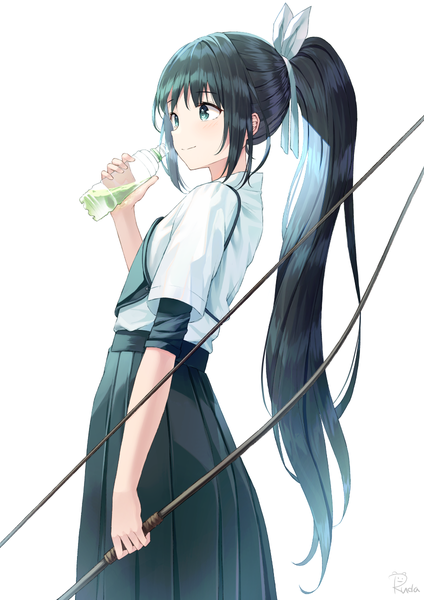 Anime picture 848x1200 with original ruda (ruda e) single long hair tall image blue eyes black hair simple background standing white background holding signed payot looking away ponytail traditional clothes japanese clothes girl ribbon (ribbons) weapon