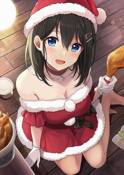 Anime picture 910x1286 with original azuki yui single tall image looking at viewer blush fringe short hair open mouth light erotic black hair hair between eyes sitting cleavage :d barefoot from above lens flare christmas yokozuwari
