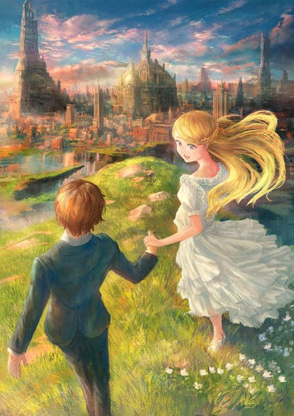 Anime picture 900x1273 with original you shimizu long hair tall image short hair open mouth blue eyes blonde hair brown hair sky cloud (clouds) couple city holding hands girl dress boy flower (flowers) castle aircraft
