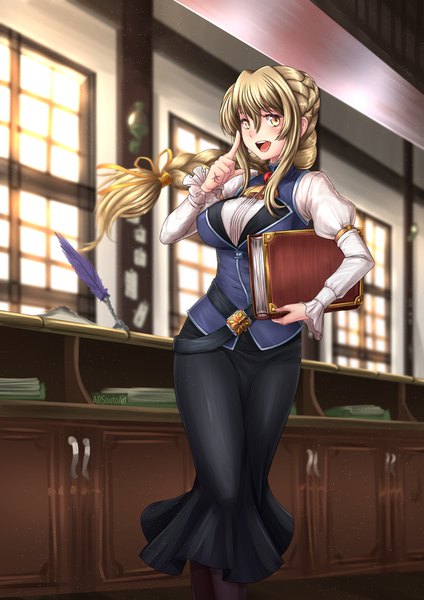 Anime picture 1240x1754 with goblin slayer! guild girl (goblin slayer!) adsouto single long hair tall image blush fringe breasts open mouth blonde hair smile hair between eyes large breasts standing holding signed yellow eyes bent knee (knees) indoors
