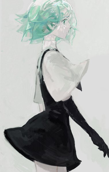 Anime picture 1358x2150 with houseki no kuni phosphophyllite tokotoko numa single tall image short hair simple background green eyes looking away profile green hair grey background androgynous gloves uniform black gloves elbow gloves