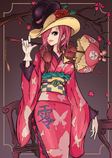 Anime picture 2480x3508 with one piece toei animation vinsmoke reiju sherumaru (korcht06) single tall image looking at viewer fringe highres short hair blue eyes standing holding pink hair traditional clothes japanese clothes arm up lips hair over one eye alternate costume