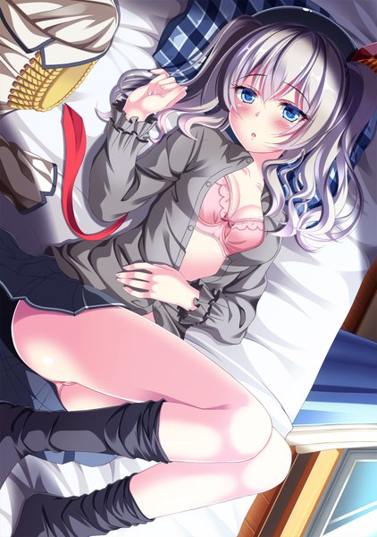 Anime picture 1352x1920 with kantai collection kashima training cruiser yuuzuki hijiri single long hair tall image looking at viewer blush open mouth blue eyes light erotic grey hair pantyshot open shirt girl thighhighs skirt underwear panties black thighhighs