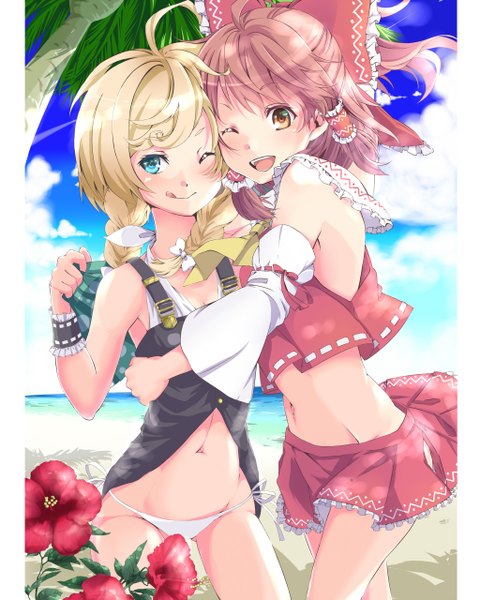 Anime picture 1024x1280 with touhou hakurei reimu kirisame marisa neko suke tall image blush short hair open mouth blue eyes light erotic blonde hair smile brown hair multiple girls brown eyes cloud (clouds) one eye closed wink bare belly hug