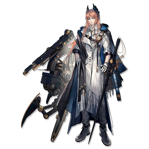 Anime-Bild 2048x2048 mit arknights passenger (arknights) skade single long hair fringe highres blue eyes standing full body orange hair official art transparent background head wings forehead mark boy gloves wings white gloves infection monitor (arknights)