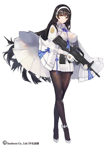 Anime picture 763x1000 with girls frontline type 95 (girls frontline) kishiyo single long hair tall image looking at viewer fringe breasts light erotic black hair simple background smile large breasts white background holding brown eyes signed full body blunt bangs
