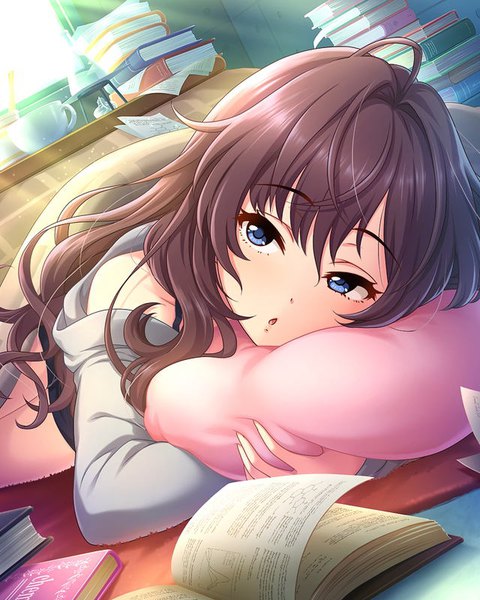 Anime picture 640x800 with idolmaster idolmaster cinderella girls ichinose shiki single long hair tall image looking at viewer fringe blue eyes hair between eyes brown hair ahoge indoors lying parted lips sunlight official art :o messy hair pillow hug
