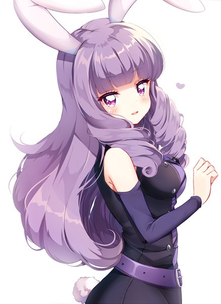 Anime picture 1024x1404 with show by rock!! studio bones chuchu (show by rock!!) kobeni single long hair tall image looking at viewer blush breasts simple background smile standing white background bare shoulders animal ears purple hair tail parted lips animal tail