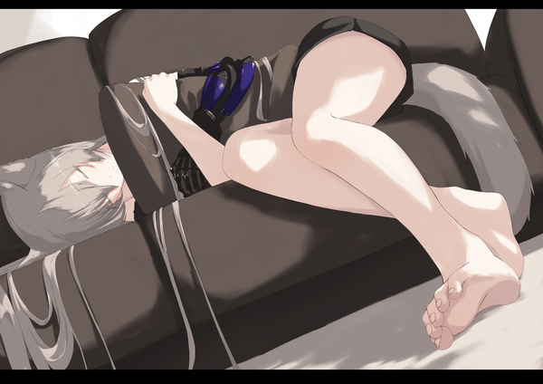 Anime picture 2047x1447 with original mikisai single long hair fringe highres hair between eyes animal ears full body indoors tail lying eyes closed animal tail barefoot grey hair dutch angle legs on side letterboxed