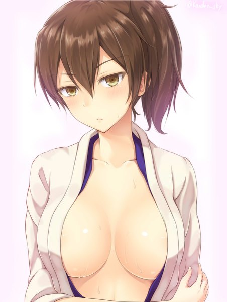Anime picture 905x1200 with kantai collection kaga aircraft carrier kanden sky single long hair tall image looking at viewer blush highres breasts light erotic simple background brown hair large breasts brown eyes signed cleavage ponytail traditional clothes japanese clothes
