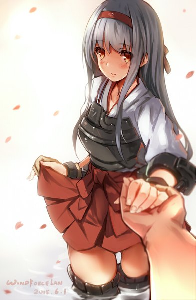 Anime picture 654x1000 with kantai collection shoukaku aircraft carrier windforcelan long hair tall image looking at viewer blush fringe simple background fingernails grey hair orange eyes holding hands girl skirt hairband