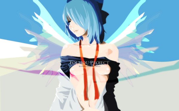 Anime picture 1920x1200 with touhou cirno fringe highres light erotic wide image bare shoulders looking away girl navel ribbon (ribbons) hair ribbon wings ice