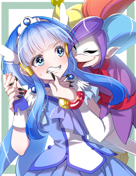 Anime picture 816x1051 with precure smile precure! toei animation aoki reika cure beauty joker (smile precure!) osarutukamaeru long hair tall image blue eyes blue hair looking away multicolored hair pointy ears sweatdrop clenched teeth magical girl arm grab girl dress