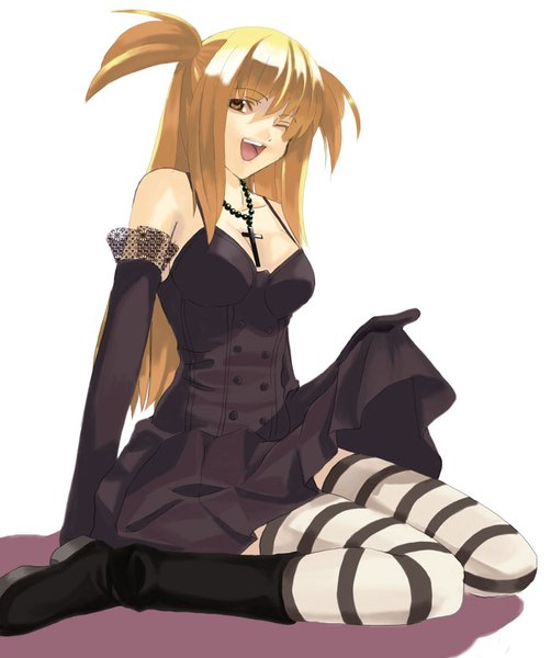 Anime picture 700x836 with death note madhouse amane misa kabocha (monkey4) single long hair tall image looking at viewer open mouth light erotic simple background blonde hair white background sitting yellow eyes one eye closed two side up wariza ;d girl