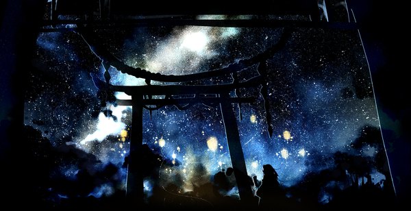 イラスト 2333x1200 と 東方 東風谷早苗 波月necho ソロ highres wide image 空 from behind night night sky dark background silhouette milky way 女の子 星 ランタン 鳥居 ロープ gohei 七五三縄