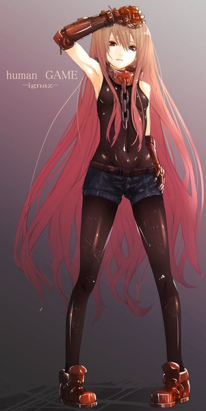 Anime picture 600x1193 with original savan single tall image looking at viewer fringe simple background hair between eyes brown hair standing bare shoulders pink hair full body very long hair multicolored hair hand on hip gradient background gradient hair hand on head expressionless
