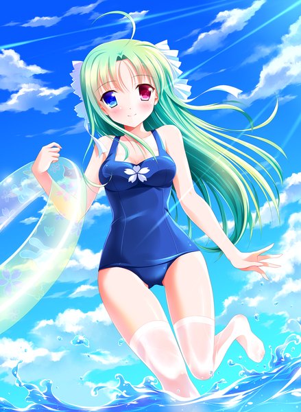 Anime picture 915x1250 with original bashen chenyue single long hair tall image looking at viewer blush light erotic smile sky cloud (clouds) green hair heterochromia girl thighhighs swimsuit white thighhighs swim ring