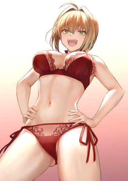 Anime picture 1302x1842 with fate (series) fate/extra nero claudius (fate) (all) nero claudius (fate) mashuu (neko no oyashiro) single tall image looking at viewer blush fringe short hair breasts open mouth light erotic blonde hair simple background hair between eyes cleavage ahoge :d